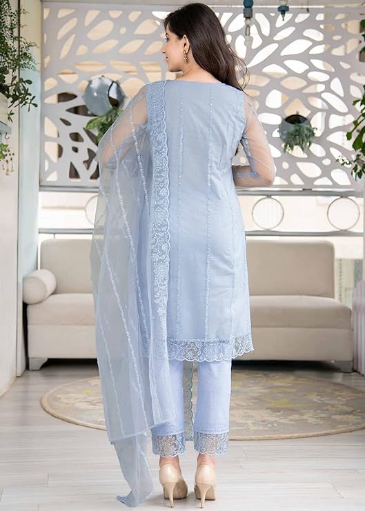 Bollyclues Women's Net Embroidered Readymade Salwar Suit Set
