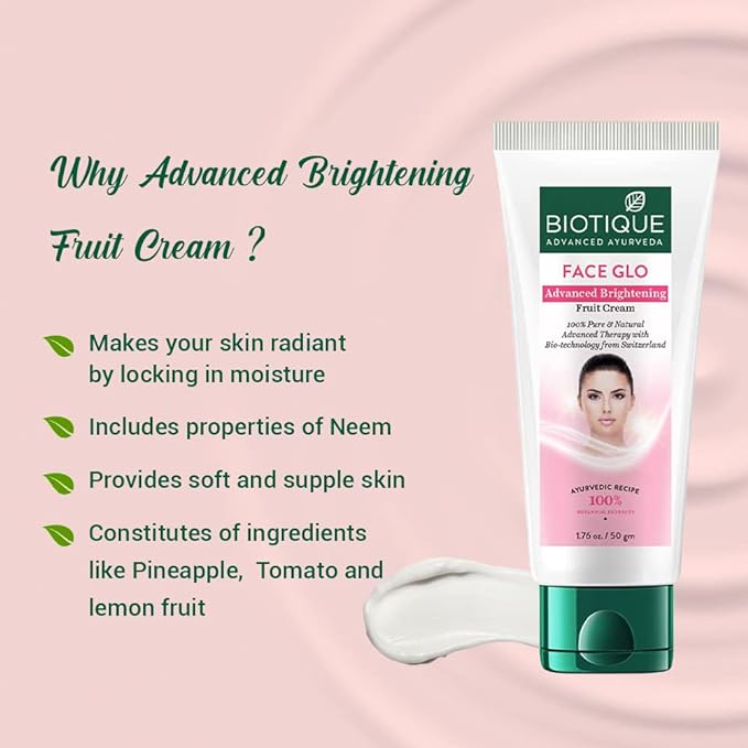 Biotique Face Glo Advance Brightening Fruit Cream | Visibly Flawless Skin  | Lightens Skin Tone | 100% Botanical Extracts | Suitable for All Skin Types | 50g