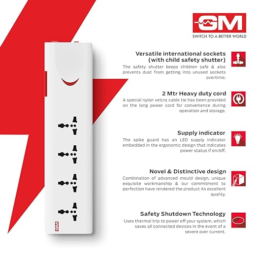 GM 3060 E-Book 4 + 1 Power Strip Red & White Color 250 Volts with Master Switch, Indicator, Safety Shutter & 4 International sockets, Extension Cord for Home Appliances