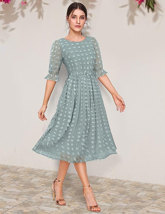 KERI PERRY Women Georgette Woven Fit & Flared Western Dress | Dress for Women | A line Dress | Winter Dress | Western Dress | Latest Women Dress | Trendy Dress for Dress | Midi Dresses