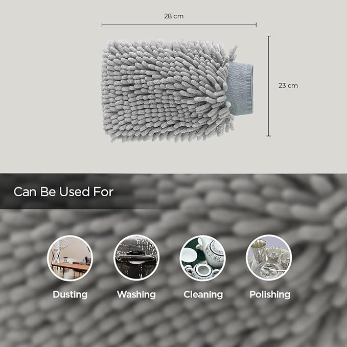 UMAI Microfiber Double-Sided Chenille Wash Mitt 1000 GSM - Super Soft, Ultra-Absorbent, Multipurpose and Double Sided Dusting Gloves for Home Cleaning | Car Cleaning, Windows and Kitchen (Grey)