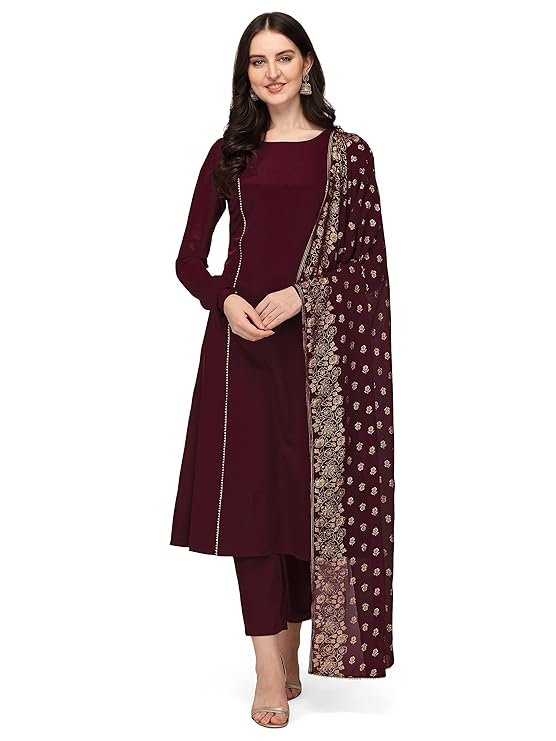 Visit the FIORRA Store FIORRA Women's Maroon Poly Crepe A-line Kurta with Pant and Dupatta