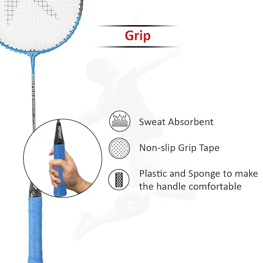 Hipkoo Sports HR 16 Aluminum Badminton Complete Racquets Set | 2 Wide Body Racket, 3 Feather Shuttlecocks and Net | Ideal for Beginner | Lightweight & Sturdy (Blue)