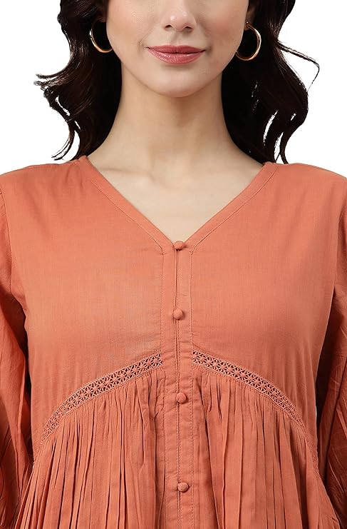 Janasya Women's Coral Orange Cotton Solid Flared Dress