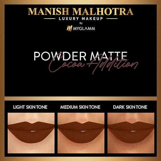 MyGlamm Manish Malhotra Powder Matte Lipstick - Cocoa Addition - 4gm | Chocolate Brown Shade | Long Lasting, Prevents from Sun Damage | Enriched With Antioxidant-Rich Maracuja Oil