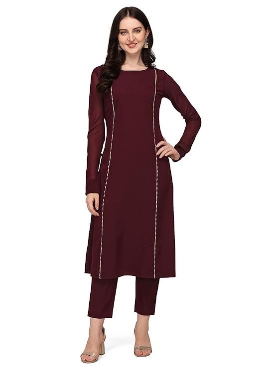 Visit the FIORRA Store FIORRA Women's Maroon Poly Crepe A-line Kurta with Pant and Dupatta