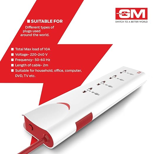 GM 3060 E-Book 4 + 1 Power Strip Red & White Color 250 Volts with Master Switch, Indicator, Safety Shutter & 4 International sockets, Extension Cord for Home Appliances