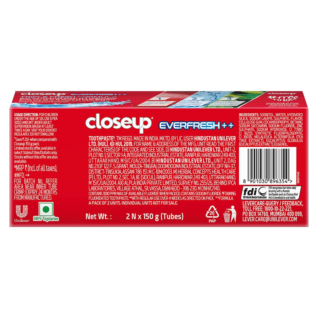 Closeup Toothpaste | India's No. 1 Gel Toothpaste| with 3x Freshness |upto 12 hrs fresh breath & white teeth PACK 2X 150G