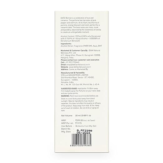 Bella Vita Luxury Date Eau De Parfum Perfume for Women with Pink Pepper, Red Fruit & Jasmine |Fruity & Spicy Long Lasting EDP Frgarance Scent, 20ml