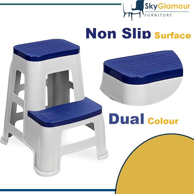 SKYGLAMOUR Plastic 2-Step Stool for Home | Office&Kitchen Use with Weight Bearing Capacity of 120 Kg |2 Step Stool for Home| Color: Blue; Pack of 1