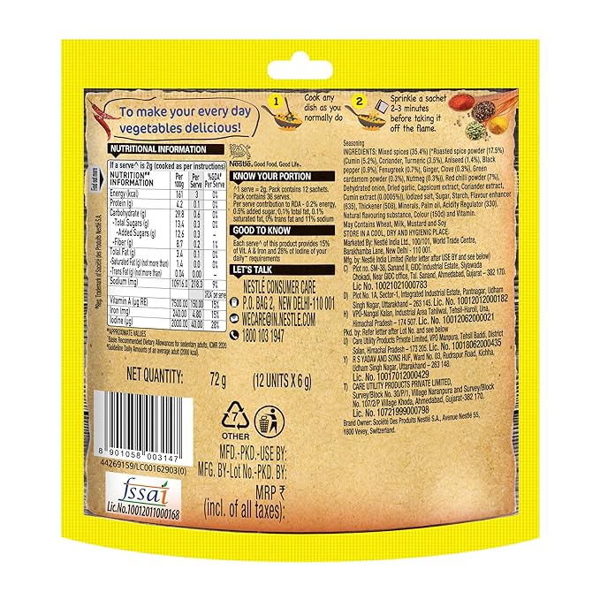 MAGGI Masala-ae-Magic Vegetable Masala, 72g Pouch (6g x 12 Sachets) | All in One Masala for Dry Vegetables, Paneer, Dal & more