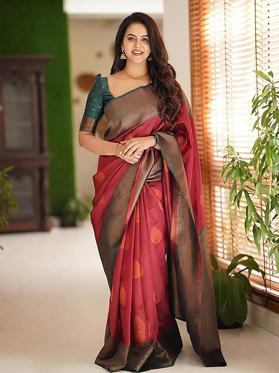 AKHILAM Women's Woven Design Kanjivaram Banarasi Silk Saree With Unstitched Blouse Piece