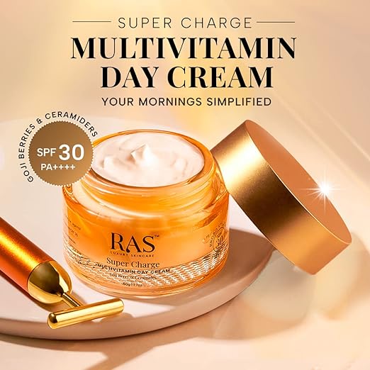 Ras Luxury Oils Super Charge Day Cream with Multivitamin SPF 30 PA++++ Reduces Dark Spots & Pigmentation Moisturizer for Glowing Skin with 72HR Hydration, Ceramides & Protection from UVA & UVB