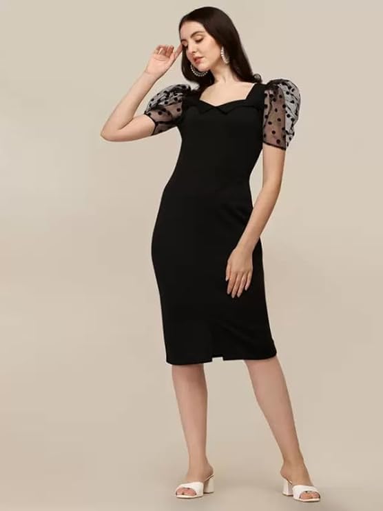 SIRIL Women's Lycra Black One Piece Dresses |Knee-Length Dress | Bodycon Western Dress for Women| Girl's Short Dress
