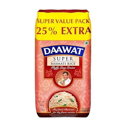 Daawat Super, Perfectly Aged, Long Grain with Rich Aroma Basmati Rice, 1 Kg with 20%/25% Extra