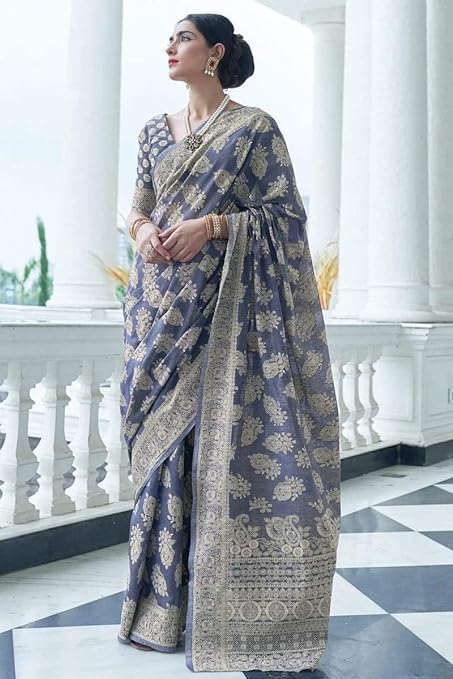 SWORNOF Women's Lucknowi Chikankari Linen cotton Woven Sarees For Women with Blouse sarees for Women