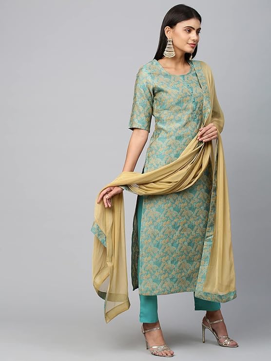 ANNI DESIGNER Women's Banarasi Silk Straight Printed Kurta with Pant & Dupatta (Banarsi-see)