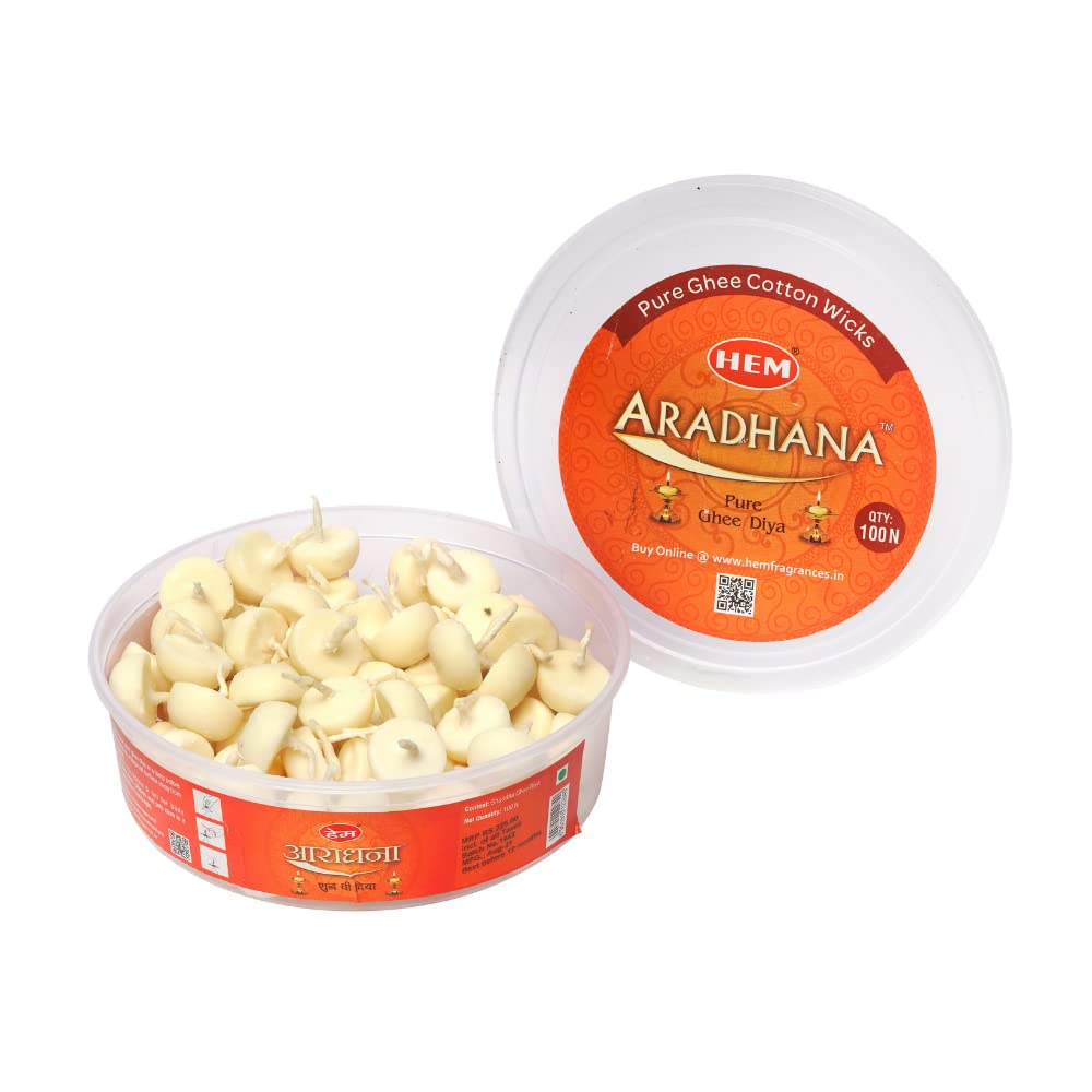 HEM Aradhna Pure Ghee Diya with Batti Pack of 100 Diyas | Pooja Room Items for Home | Wax Free | Ghee Wicks for Prayers, Rituals & Special Occasions | 30 mins Burning Time