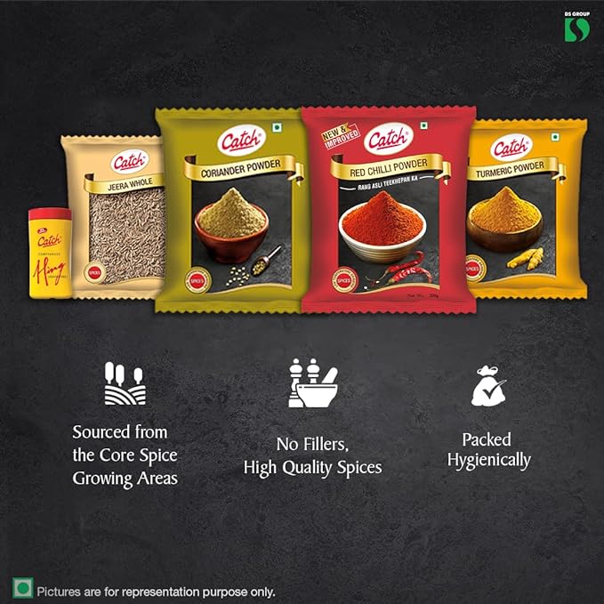 Catch Masala Combo Coriander Powder 200 GMS + Turmeric Powder 200 GMS + Red Chilli Powder 200 GMS + Cumin Whole 200 GMS + Hing 50 GMS(Pack of Five) - Masala/Spice Combo