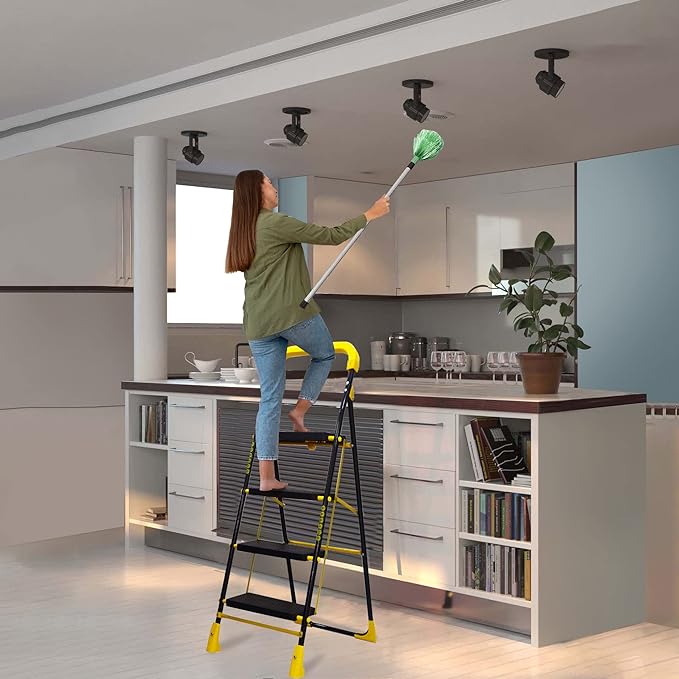 TRENDY Cameo 4 Step Heavy Duty Foldable Metal Step Ladder with Anti-Skid Shoes and Extra Strong Wide Steps (Yellow and Black)