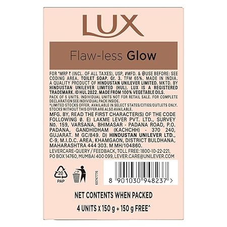 LUX Flaw-less Glow|Buy 4 Get 1 Free|Jasmine & Vitamin C+E Bathing Soap|Velvet Glowing | Beauty Soaps| 150 g