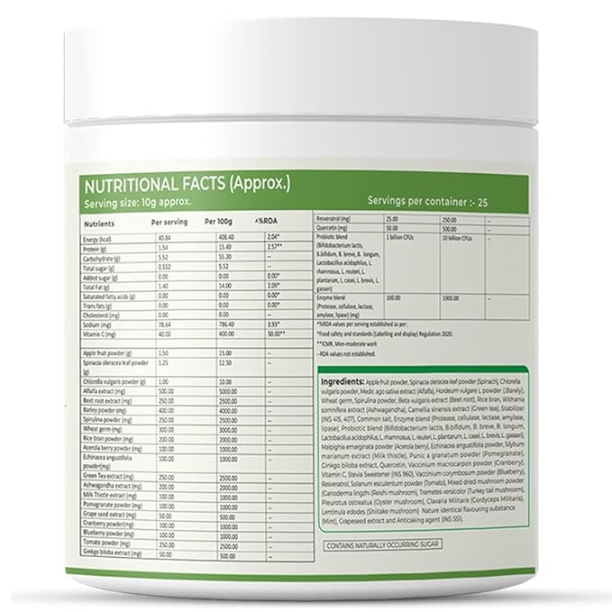 Rooted Actives Superfood Greens, Mushrooms & Herbs blend| (250 g), 22 Daily Greens & Fruits, 5 Mushrooms, Probiotics & Enzymes | Rich in vitamins, minerals, iron, fiber & antioxidants
