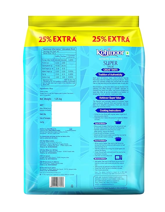 Kohinoor Super Value Basmati Rice, 1 Kg + 25% Extra | Authentic Basmati Rice