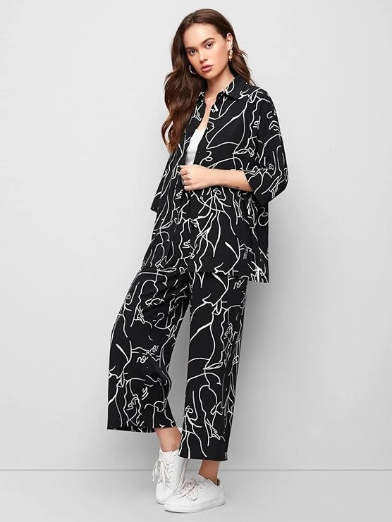 GRECIILOOKS Women Co Ord Set| Collared Self Belted Allover Print| Half Sleeve Shirt| Straight Shirt with Belt| Women Two-Piece Outfits| Summer Wear| Outdoor Wear