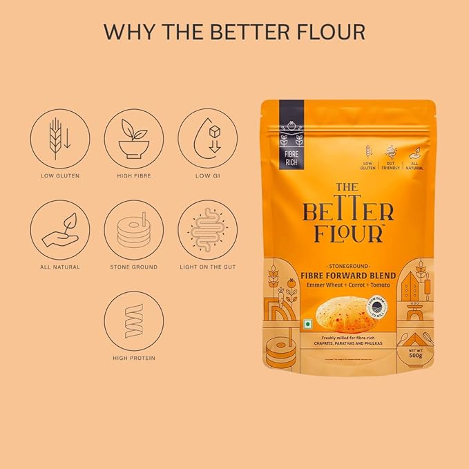 The Better Flour Emmer Wheat Flour, Khapli Wheat (500 gm), High Dietary Fiber Low Glycemic Wheat Flour, Stoneground Emmer Wheat/Khapli Atta