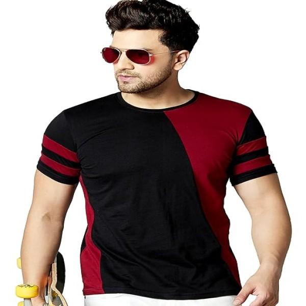 AUSK Premium Look Round Neck Half Sleeves Cotton T-Shirt for Men Black and Red…
